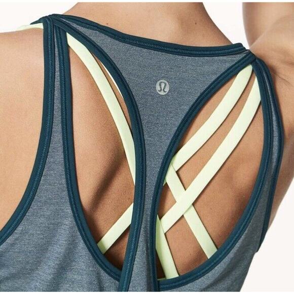 Lululemon Women Run The Day Tank Heathered Nile Blue Teal Loose Cut Out Top 6 - Picture 9 of 10